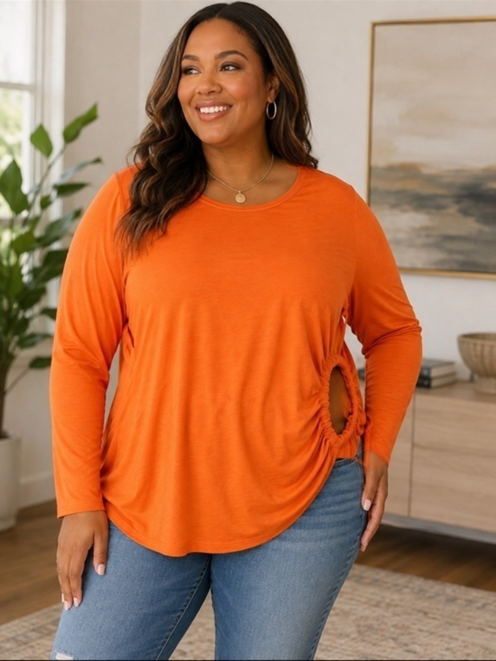 Eloquii Orange Ruched Cutout Side Long Sleeve Top Size 22/24